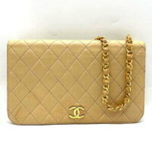 Chanel Matelasse Chain Shoulder Bag Push Lock Beige Lambskin